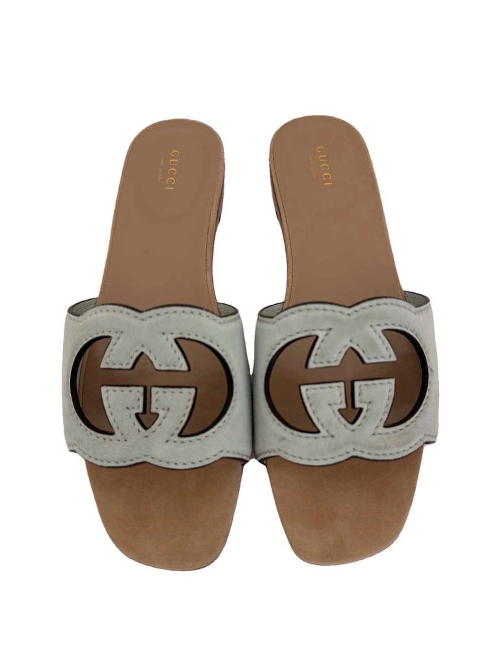 Gucci EU 40 Nude Beige Sage Green Interlocking GG Cutout Suede Sandals Authentic